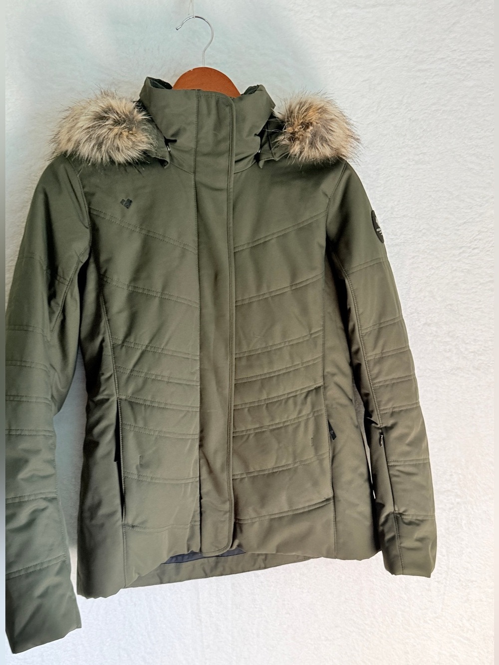 Obermeyer Faux Fur Hooded Ski Jacket Olive Green Winter Coat Small Size 4